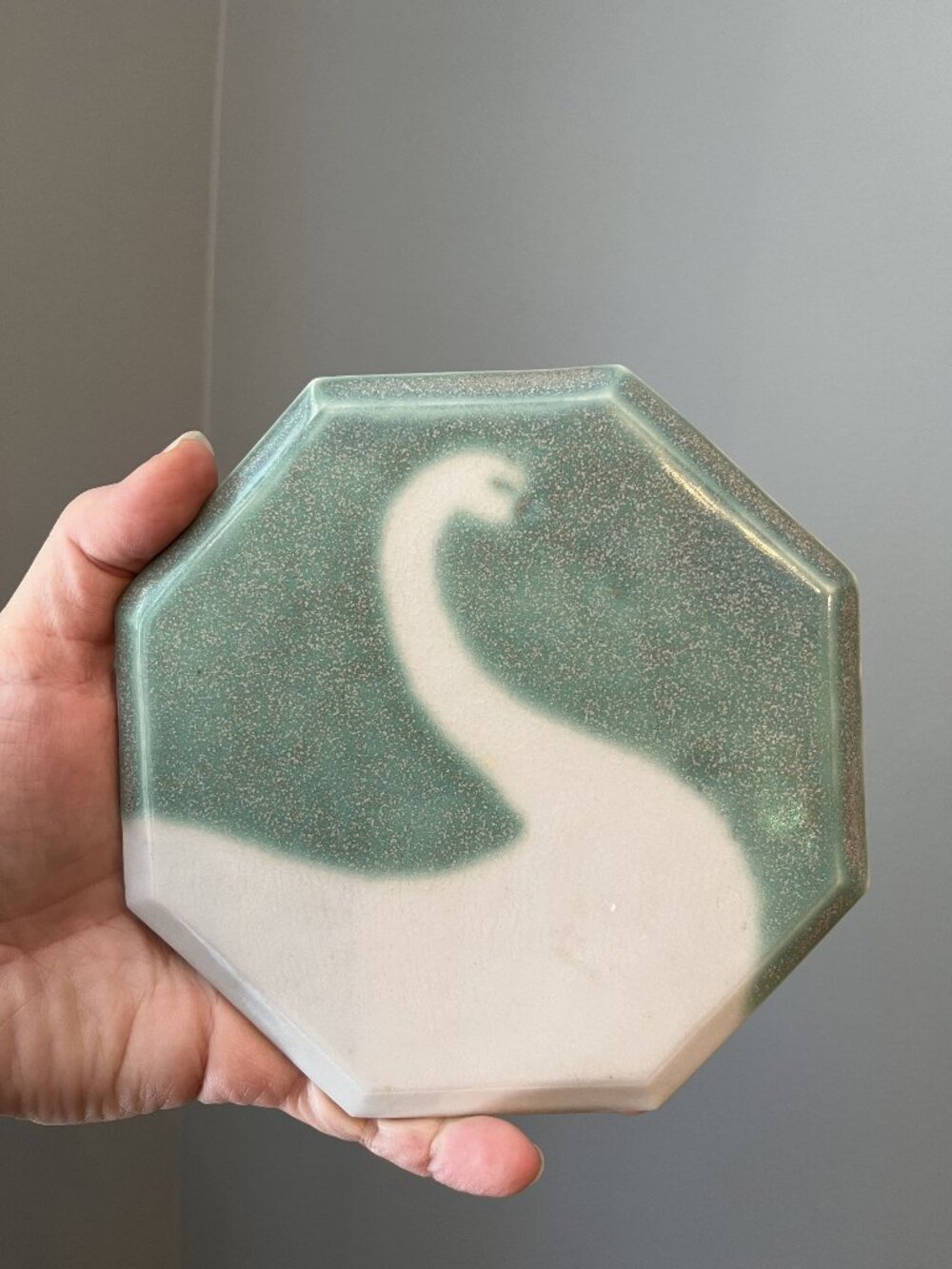 Retro Seagreen Swan Trivet 1981 Signed Octagon Stoneware Ceramic Decor